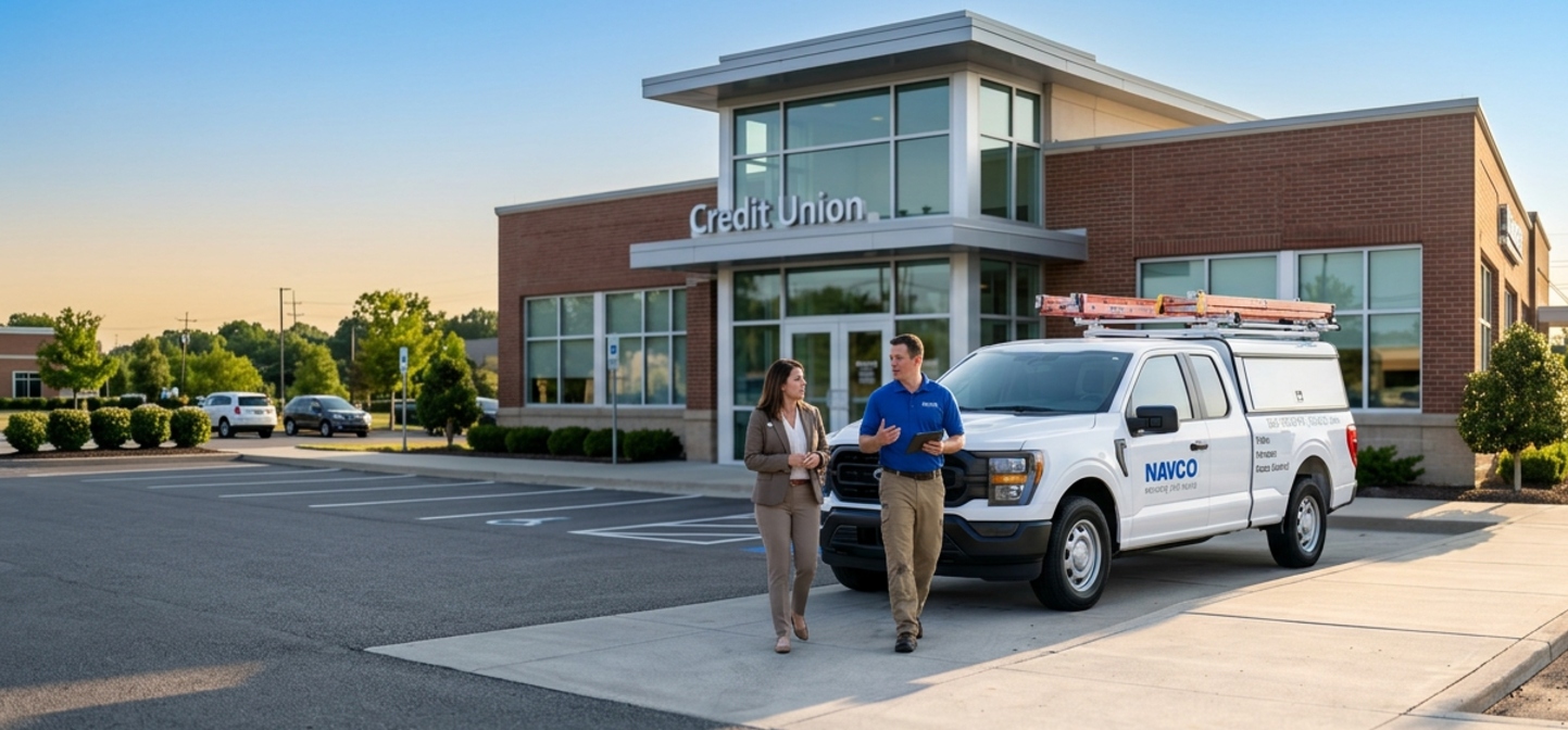 A NAVCO technician and a client walking together outside a credit union branch, beside a NAVCO service truck
